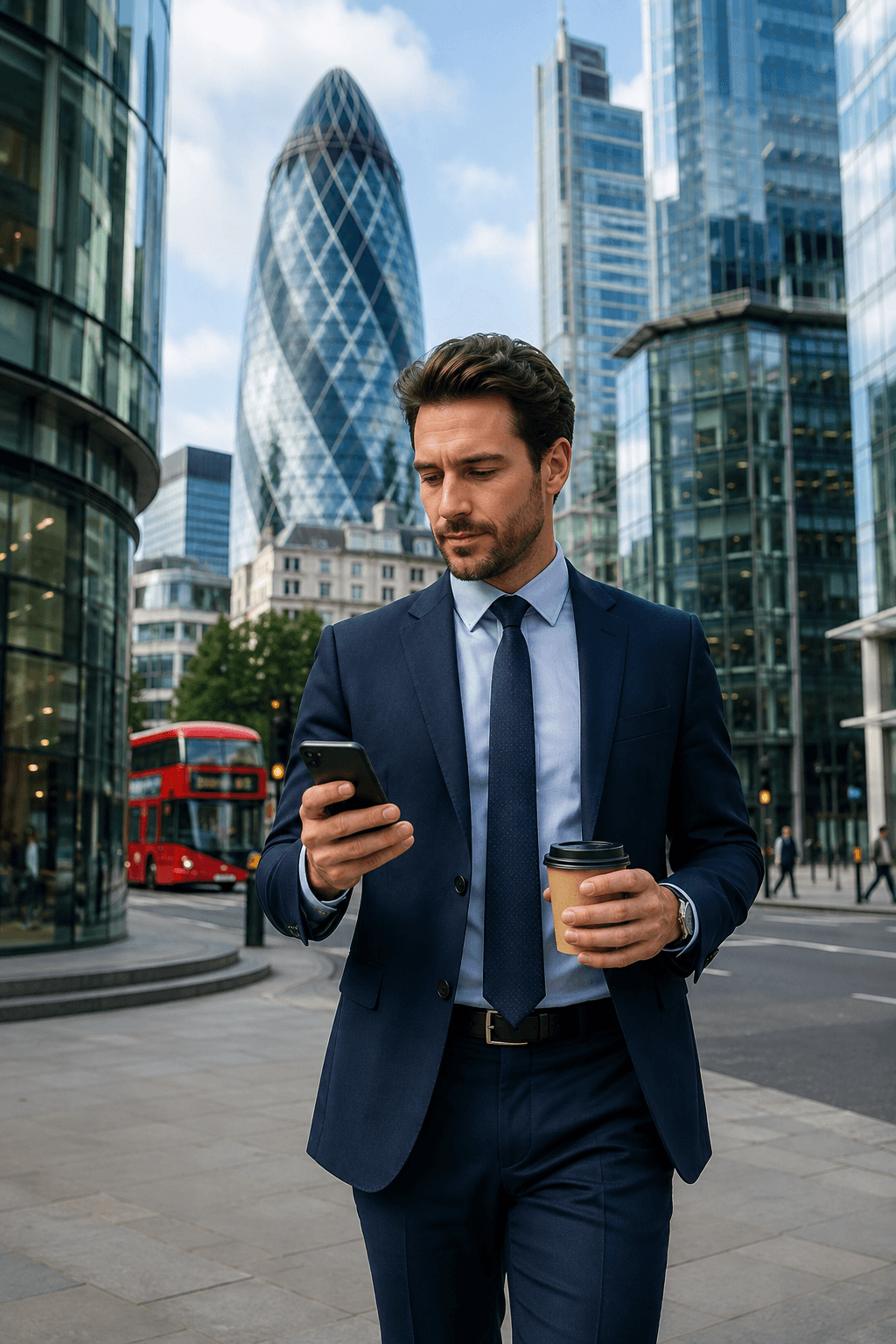 Business owner in a suit checking his phone while walking through the City of London