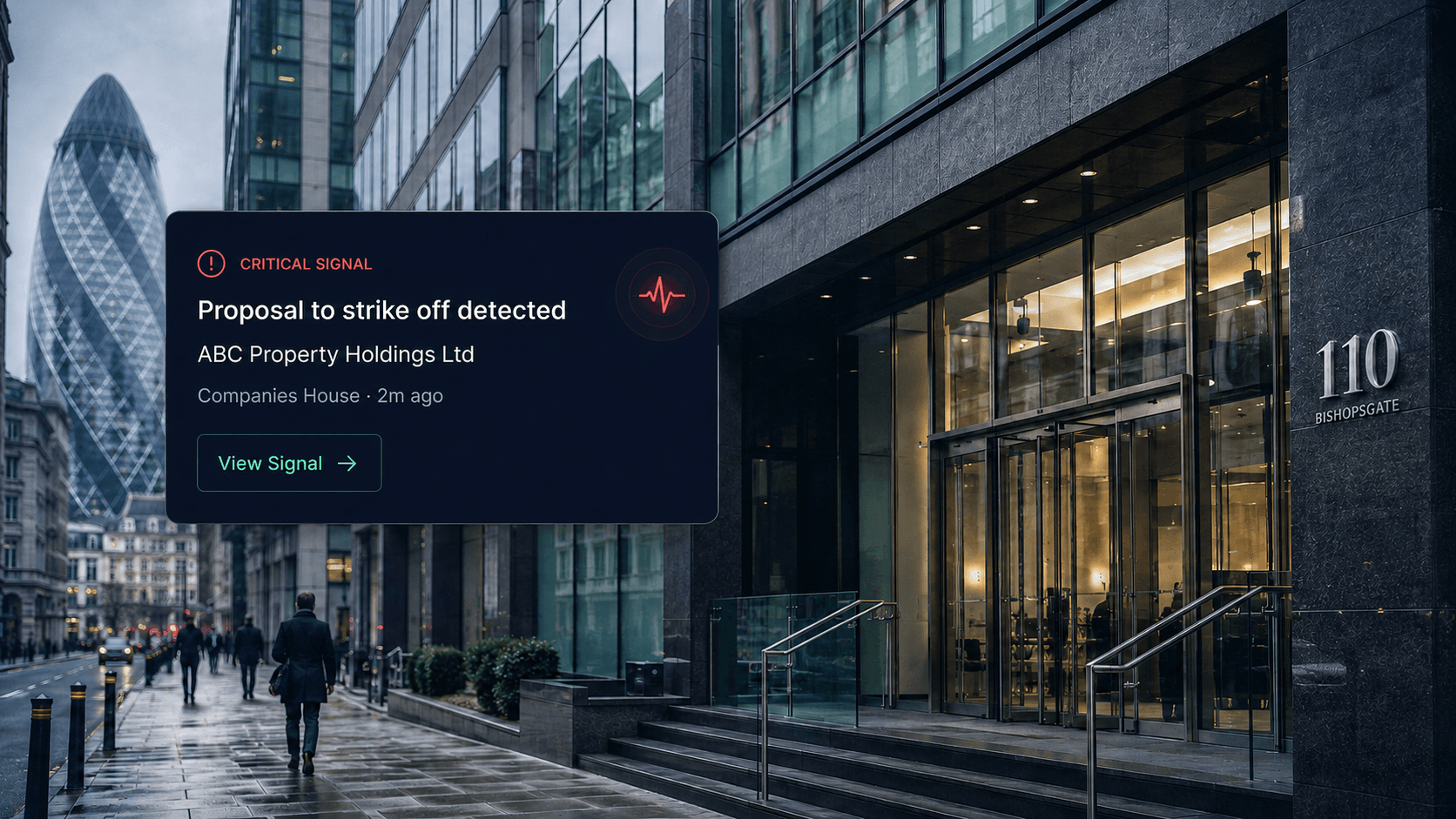 ABC Property Holdings Ltd at 110 Bishopsgate, London, with a Registry Radar critical signal notification