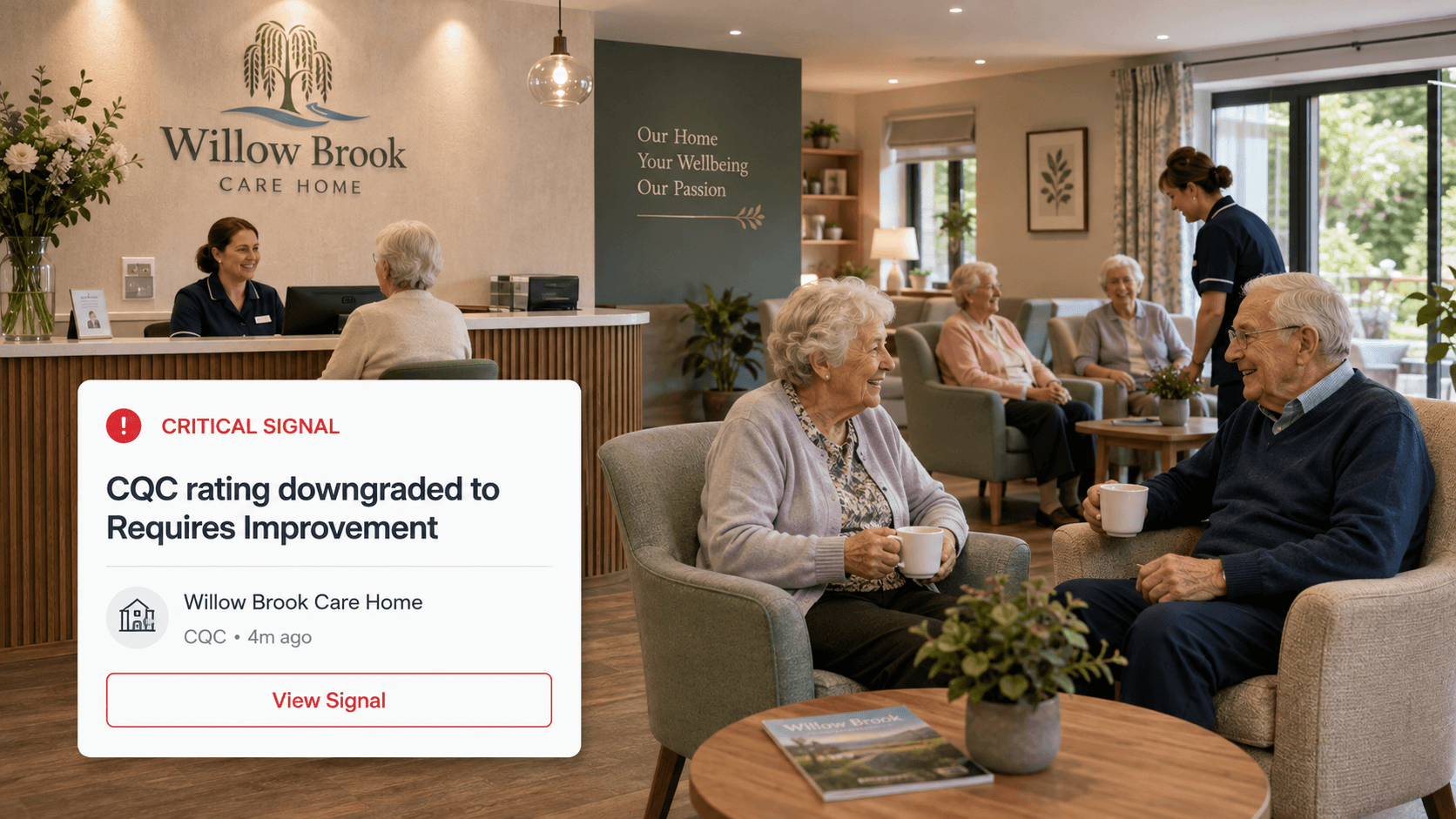 Willow Brook Care Home lounge, with a Registry Radar critical signal notification for a CQC rating downgrade