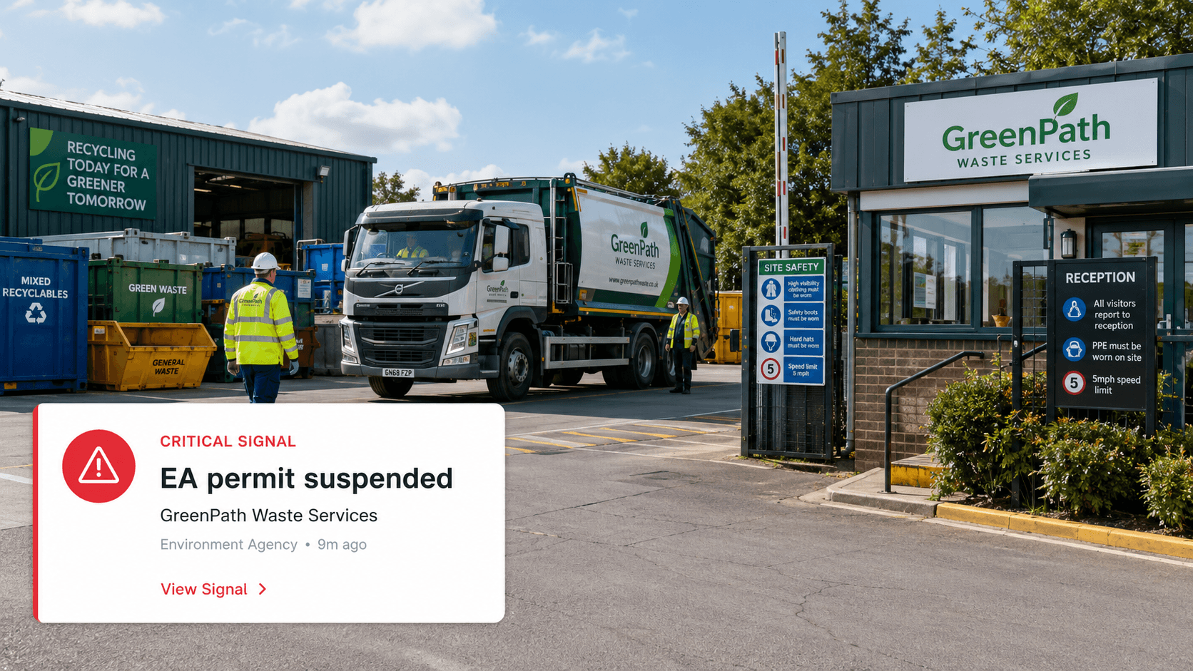 GreenPath Waste Services facility, with a Registry Radar critical signal notification for a suspended EA permit