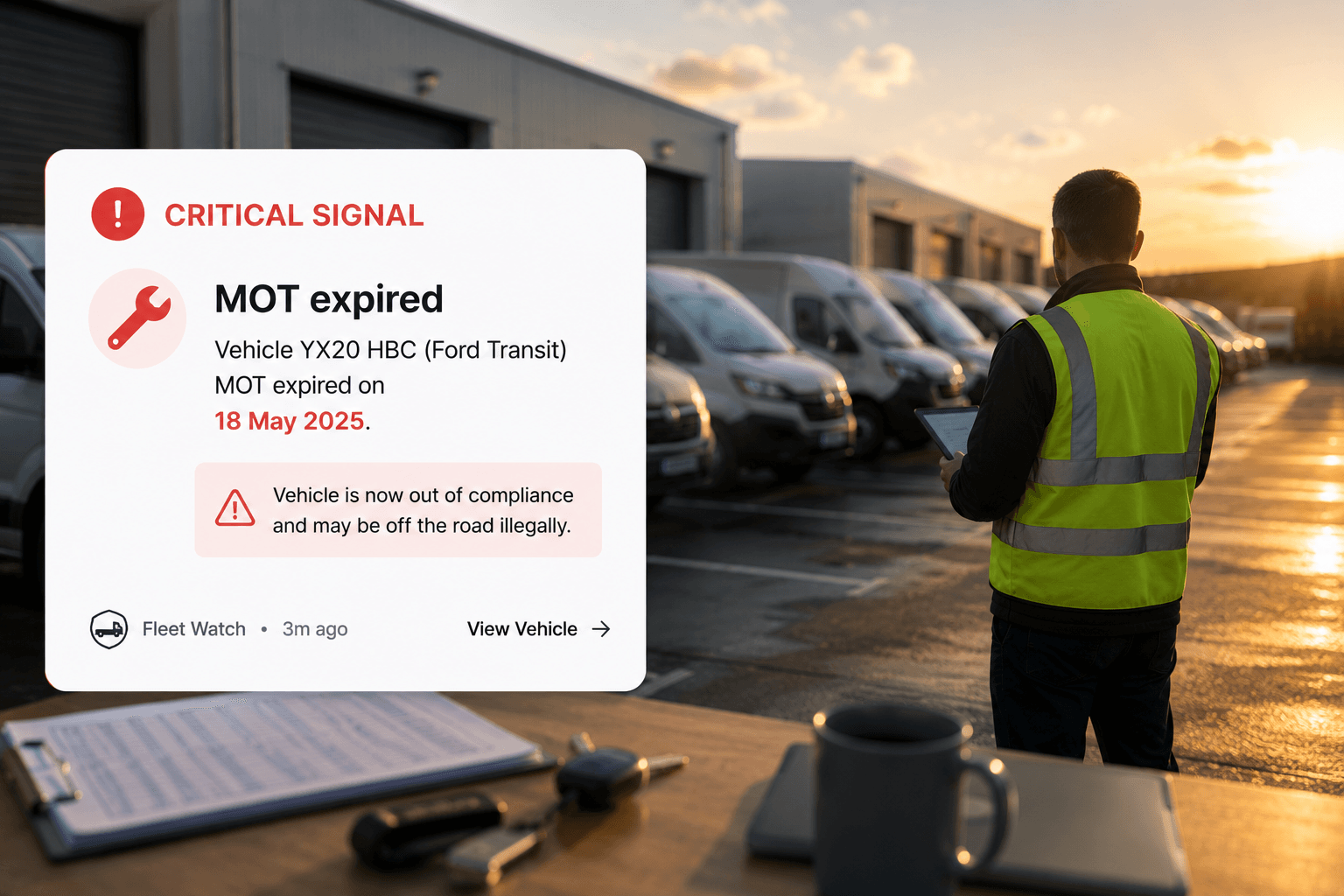 Meridian Logistics fleet depot with vans, and a Registry Radar critical signal for an expired MOT on YX20 HBC
