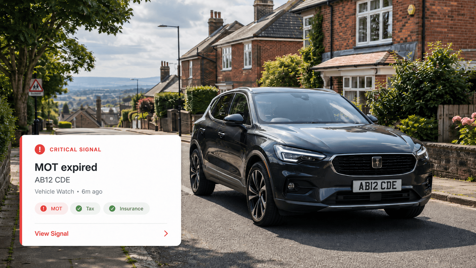 AB12 CDE on a residential street, with a Registry Radar critical signal notification for an expired MOT